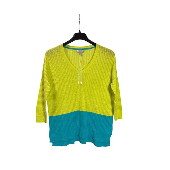 JCP Colorblock V-Neck Sweater XL Lime Green Blue Linen Cotton Blend Ribbed Knit - Picture 1 of 5